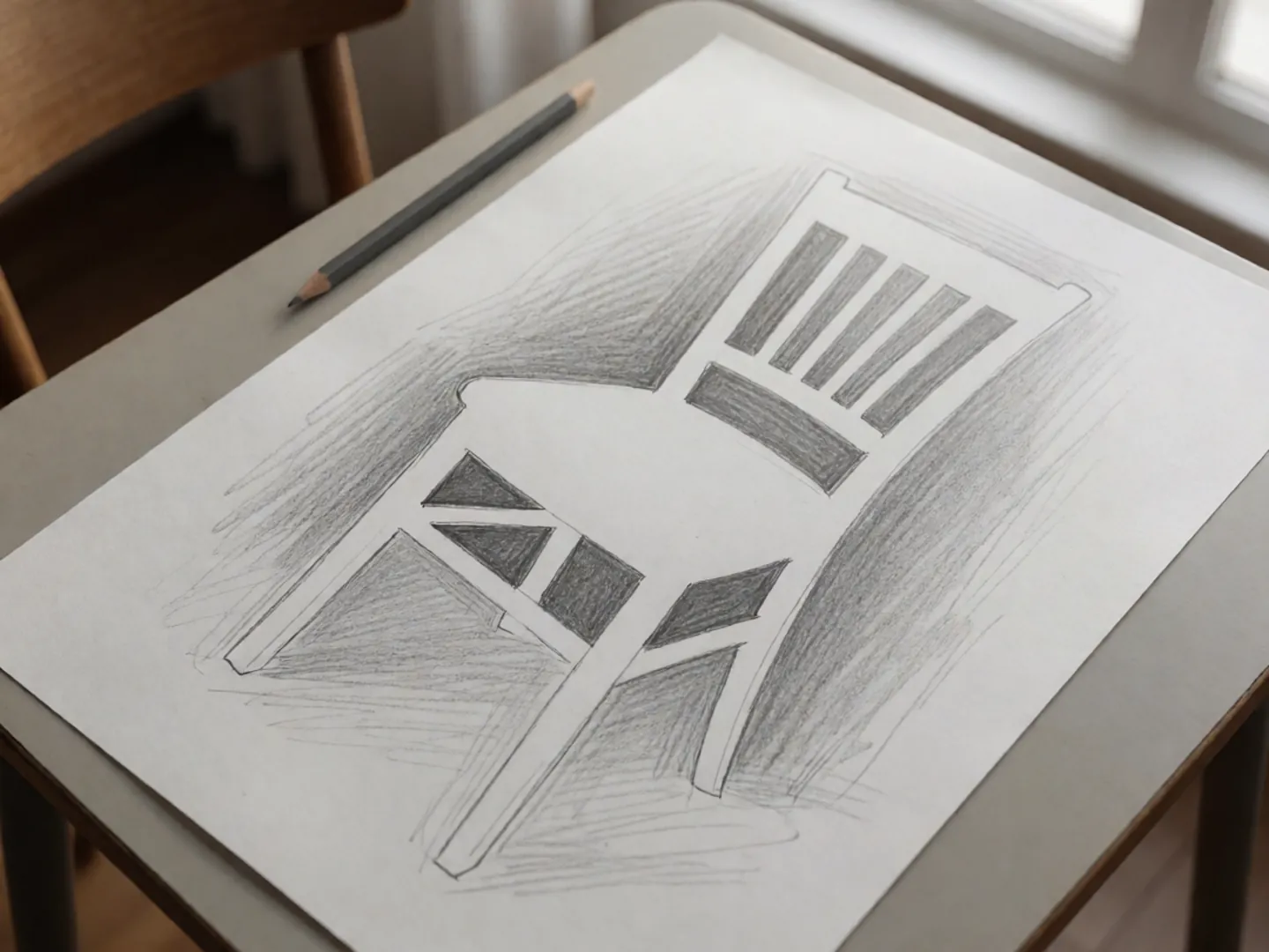 A pencil drawing of a chair where only the shaded gaps between the legs and rungs have been drawn, the chair itself left as white paper
