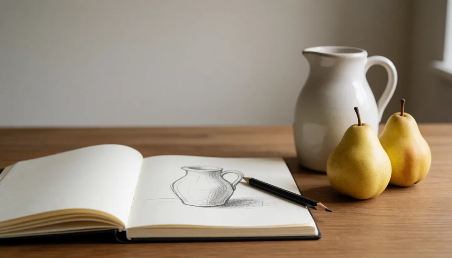A sketchbook on a wooden table beside a still life of a jug and two pears, with a pencil resting on a half-finished drawing and soft window light